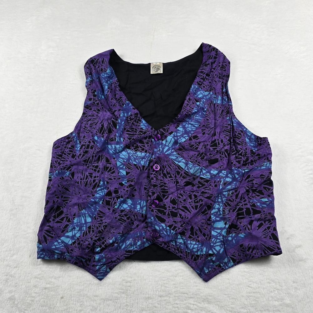 Nusantara Asian Crafts Vest Womens Large Batik Tie Dye Handmade Rayon Art Purple
